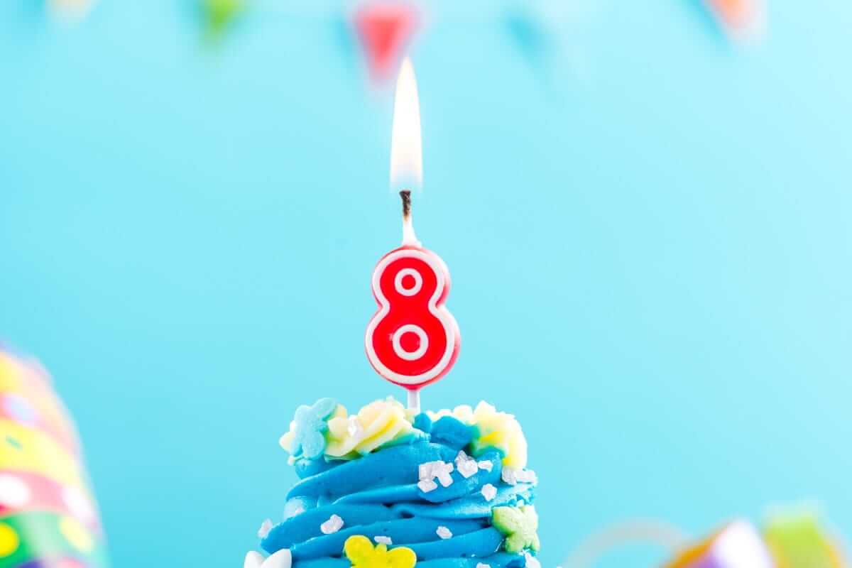 8. Lebensjahr, 8 Jahre (Eighth 8th birthday cupcake with candle)