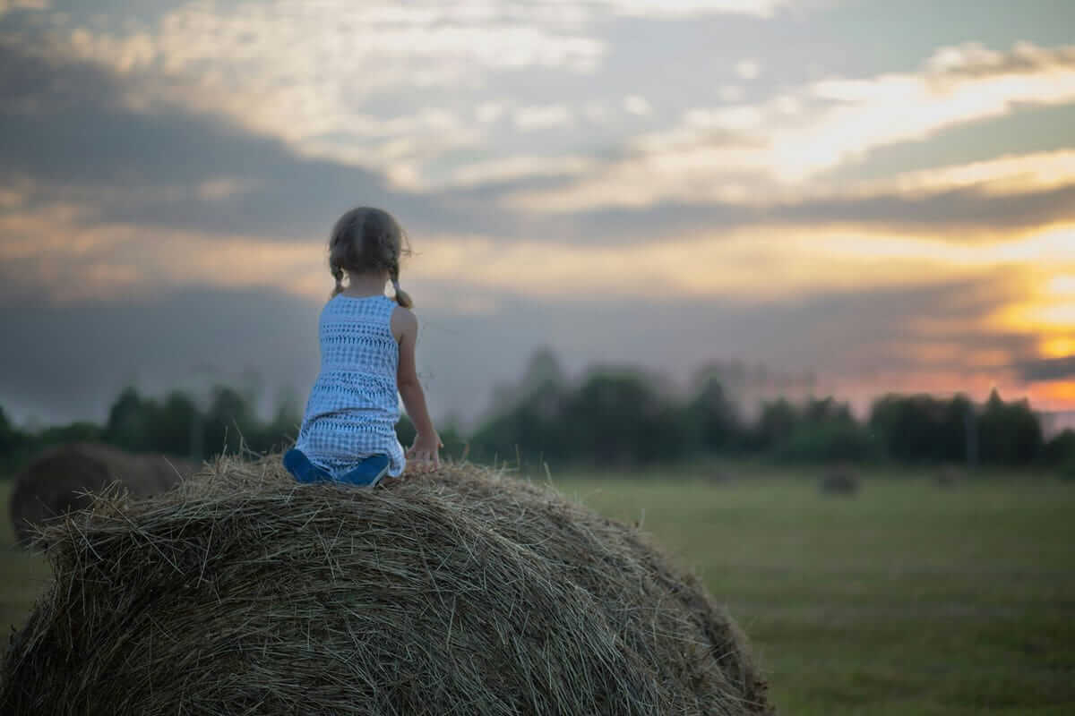 đ Landluft statt Langeweile: Warum Bauernhofurlaub das beste Abenteuer fĂŒr Kinder ist Heuballen (Kleines MĂ€dchen mit Zöpfen sitzt auf einem Heuballen und blickt in die Ferne, wĂ€hrend die Sonne hinter einem bewölkten Himmel untergeht.)