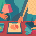 Finanzielle Folgen einer Scheidung (Illustration mit kräftigen Farben zeigt symbolisch die gerechte Aufteilung von Besitz bei einer Trennung – zwei Personen an einem Tisch mit Alltagsgegenständen.)