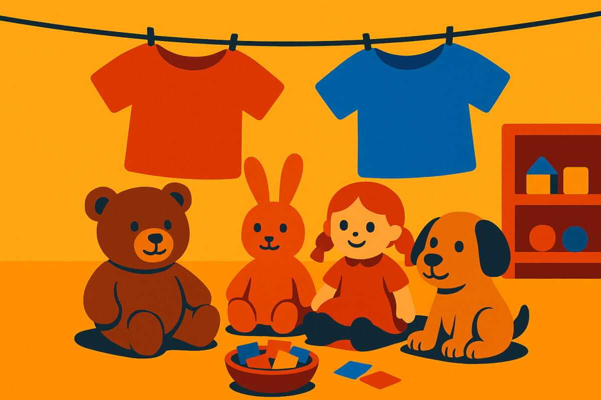 Ein farbenfrohes Flat-Design-Bild zeigt ein helles Kinderzimmer. Vier Kuscheltiere – ein Bär, ein Hase, eine Puppe und ein Hund – sitzen im Halbkreis vor einer Schale mit bunten Stimmzetteln. Über ihnen hängen zwei T-Shirts in kräftigem Rot und Blau an einer Wäscheleine. Der Hintergrund ist in warmen Gelb- und Orangetönen gestaltet, wodurch die Szene verspielt und freundlich wirkt.