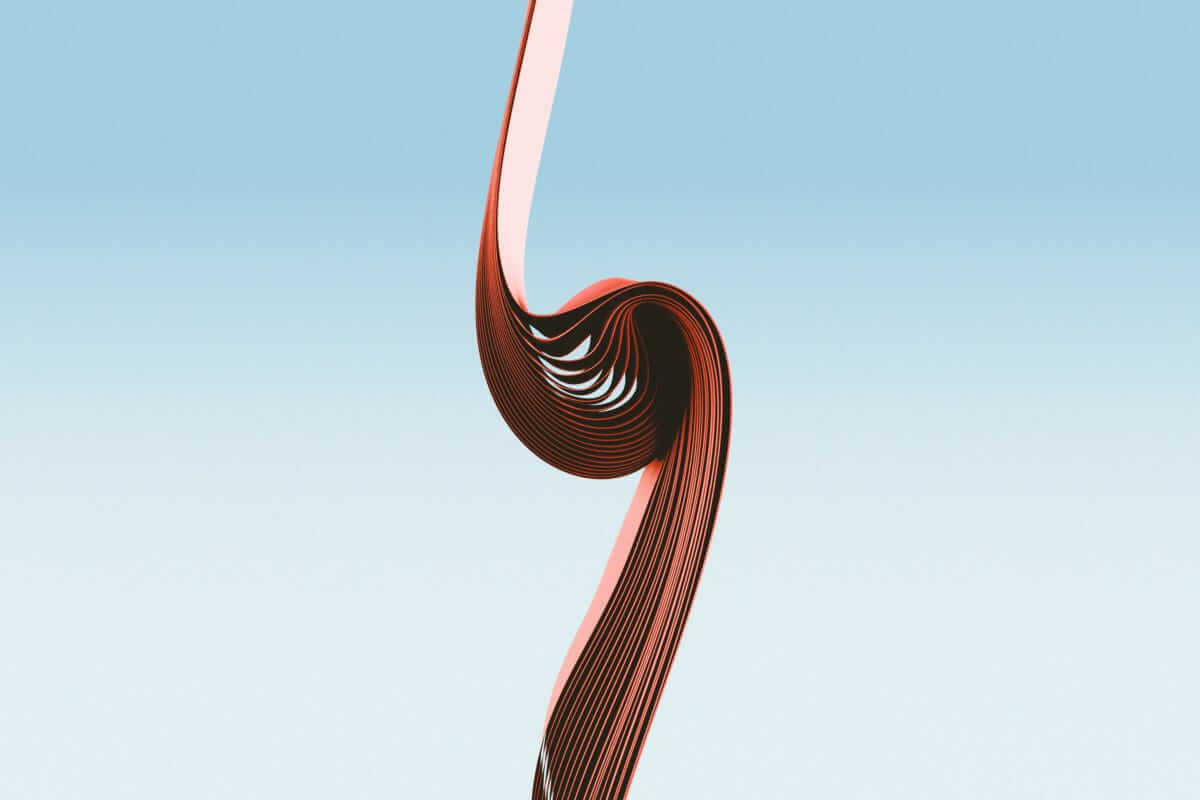 Vasektomie / Abstrakte rote Form vor hellblauem Hintergrund – Symbol für Wandel, Balance und innere Klarheit.