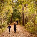 Herbst-Ausflug / Familie spaziert im bunten Herbstwald – Kinder laufen auf einem Laubweg zwischen goldenen und roten Blättern